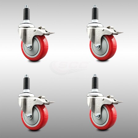 Service Caster 4 Inch 316SS Red Poly Swivel 1-1/8 Inch Expanding Stem Caster Set Lock Brake SCC-SS316TTLEX20S414-PPUB-RED-118-4